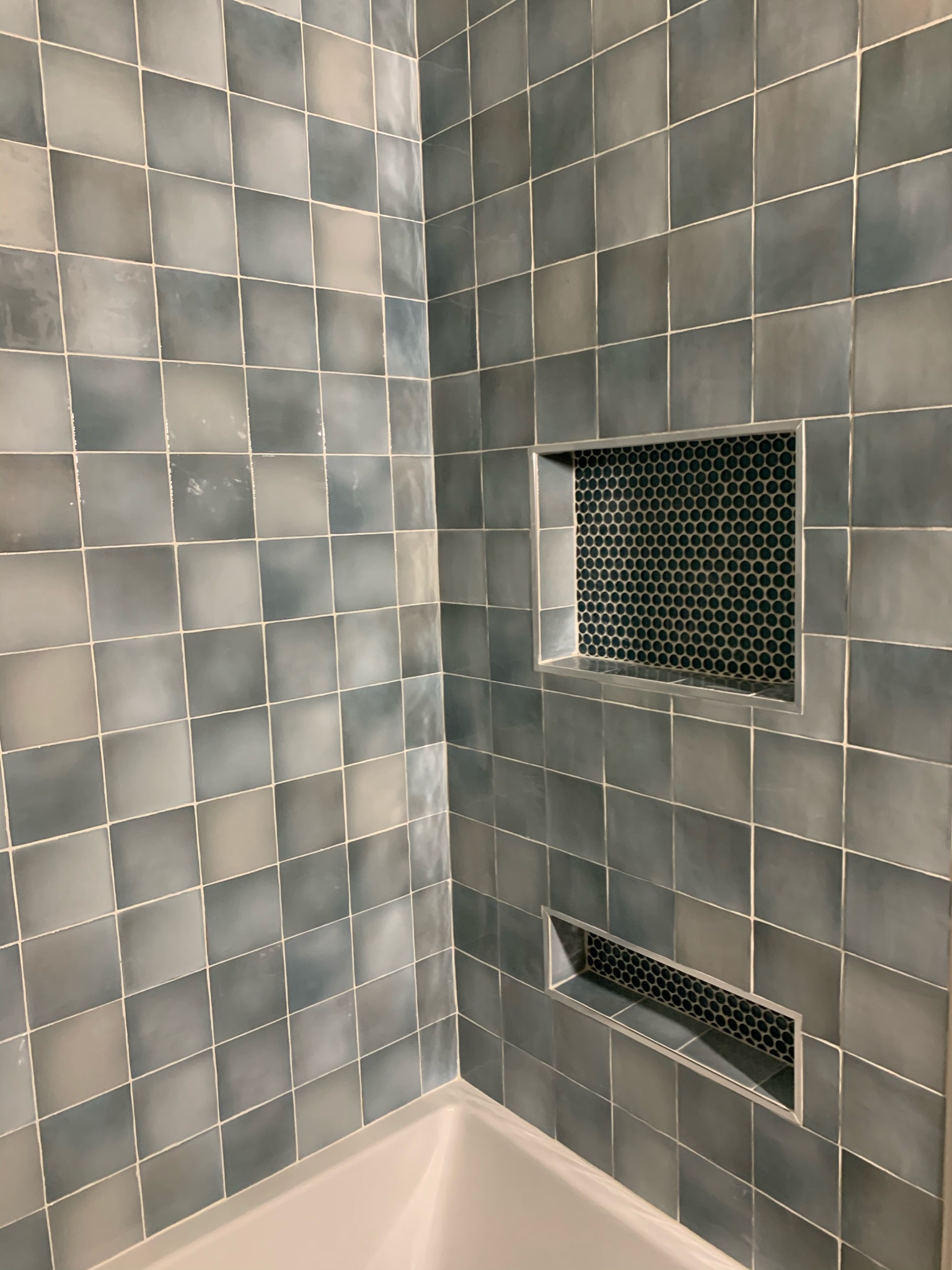 custom shower tile install with 2 indent shelves, wfa's custom hardwood floors, houston texas