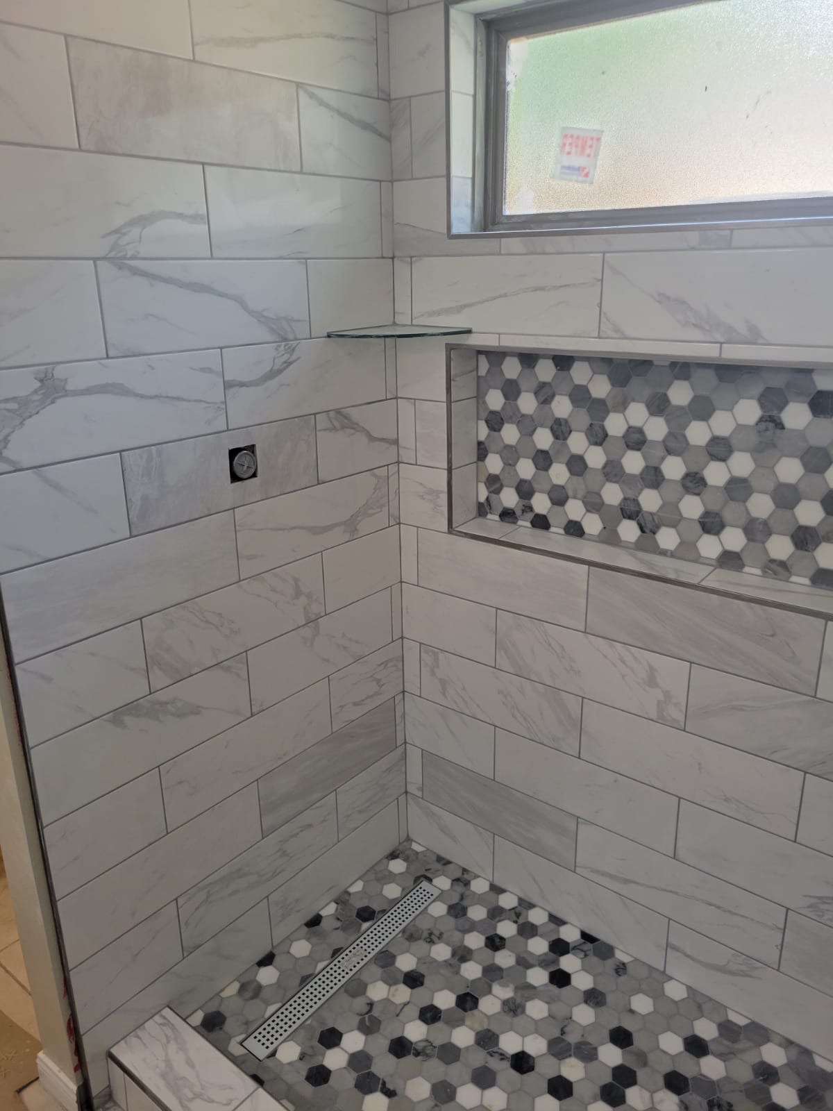 tile shower with shelves and indent shelf, wfa's custom hardwood floors, houston texas